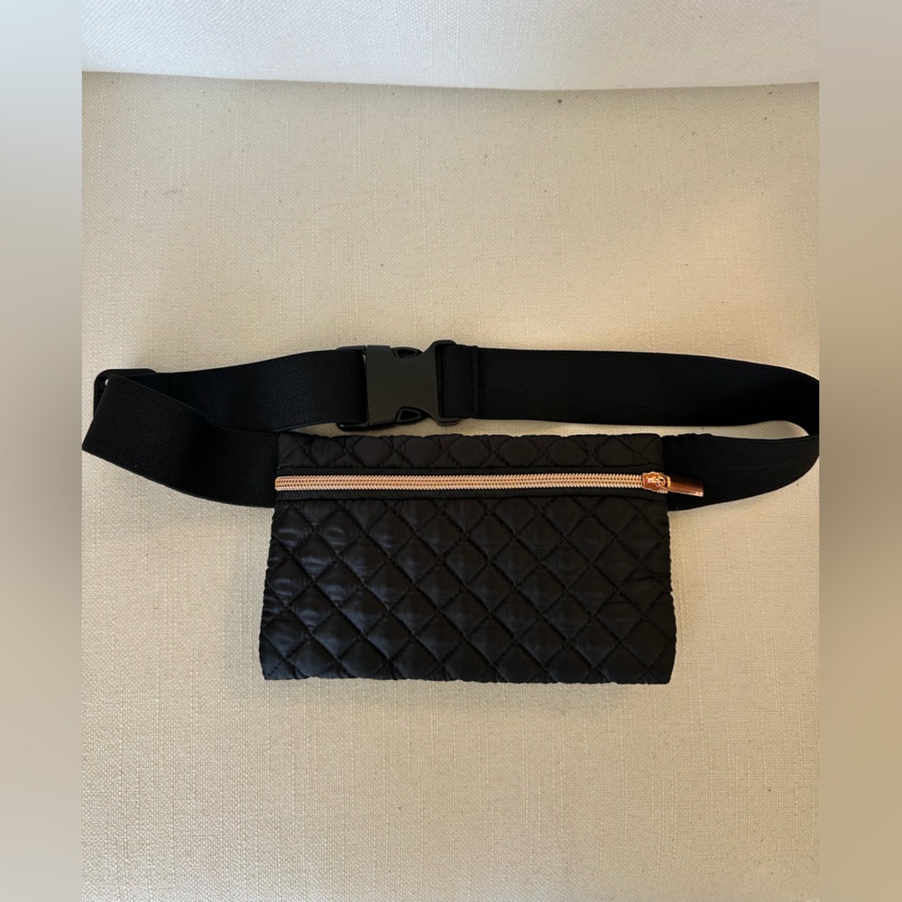 Quilted Black Belt Bag with Rose Gold Zipper